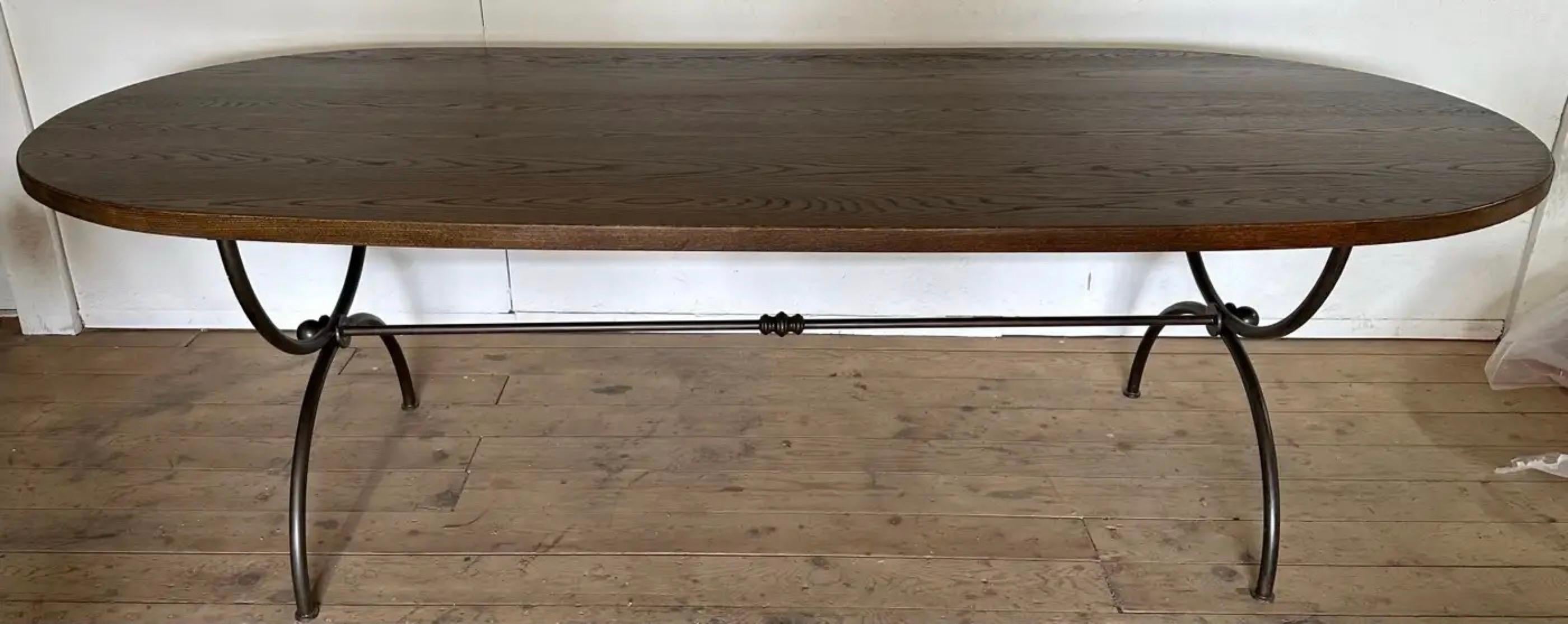 Elegant and rustic at the same time, this custom made wrought iron garden dining table base can be used indoors or outdoors, porch or patio. Both top and base can be made to your specification. Depending on order, lead time can be shortened. Metal
