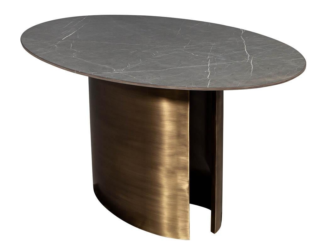 Modern Custom Oval Porcelain Top Dining Table with Brass Demi Lune Base by Carrocel For Sale