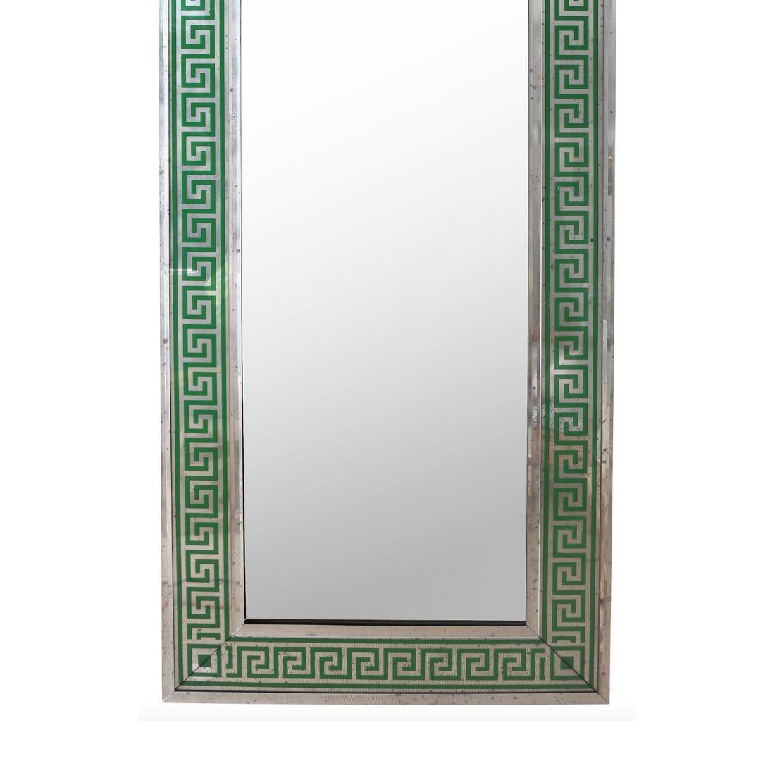 Classical Greek Custom Oversized Rectangular Green Greek Key Mirror For Sale