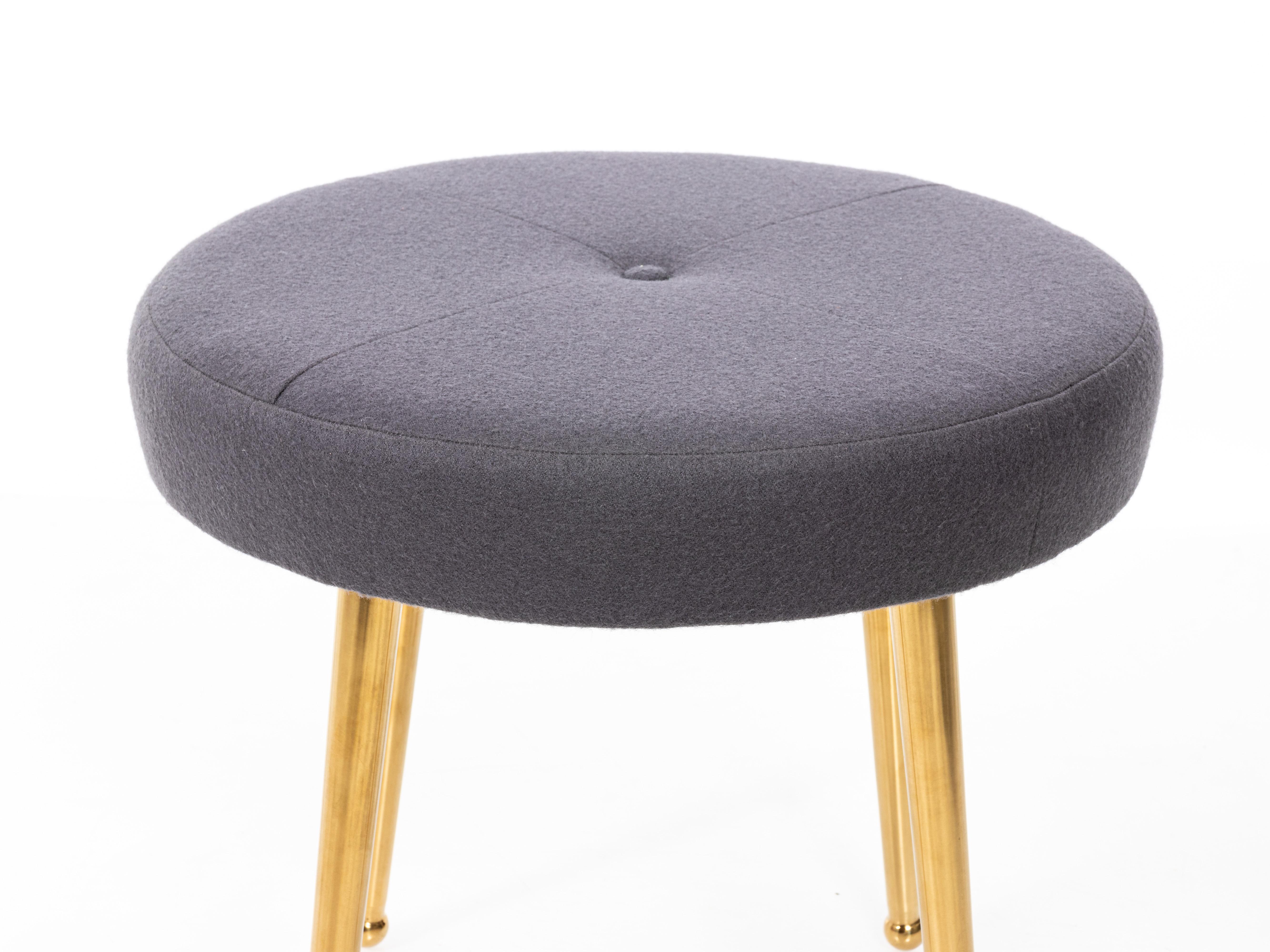 Contemporary Custom Pair of Midcentury Style Round Stools with Brass Legs For Sale