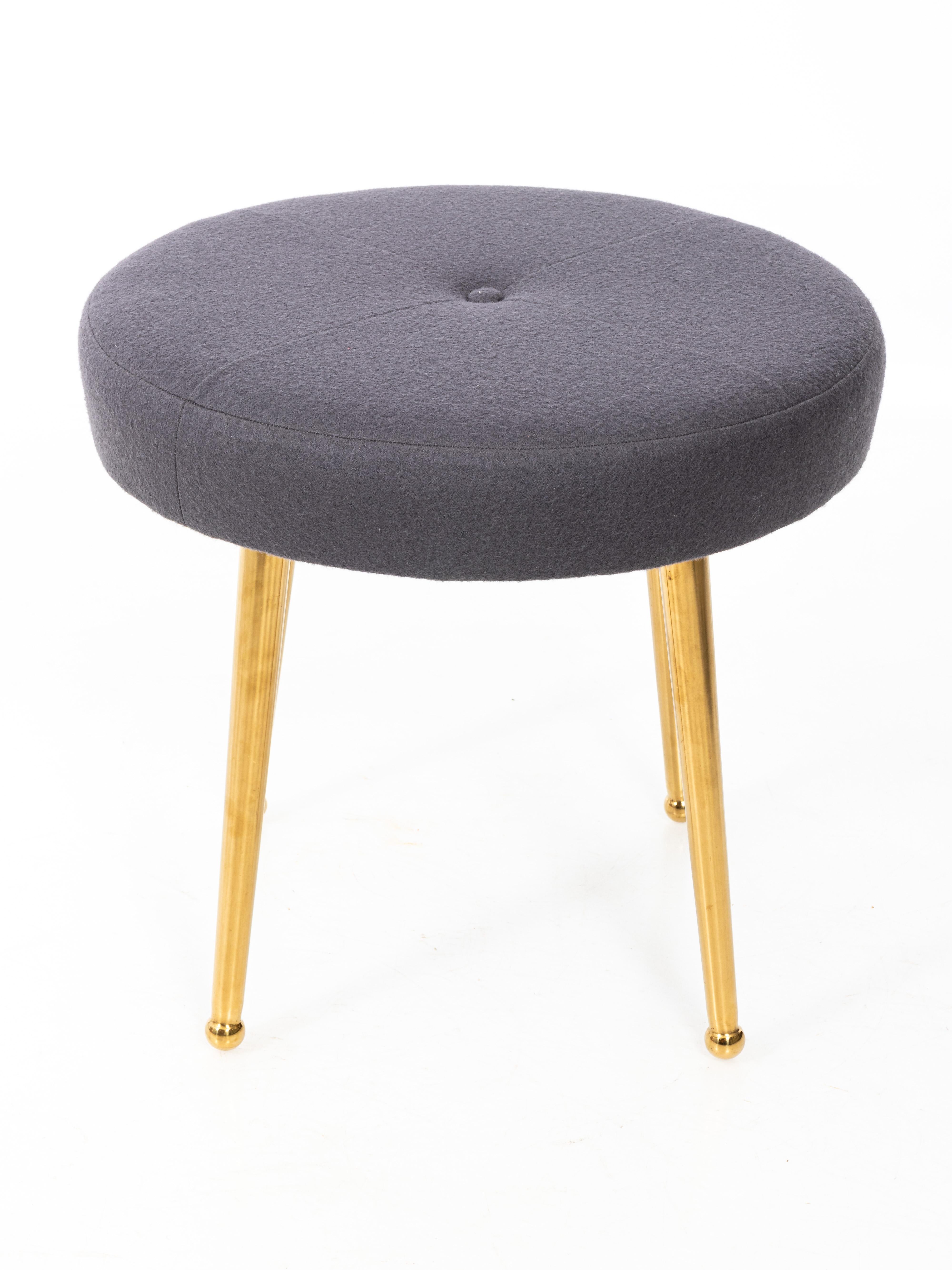 Upholstery Custom Pair of Midcentury Style Round Stools with Brass Legs For Sale
