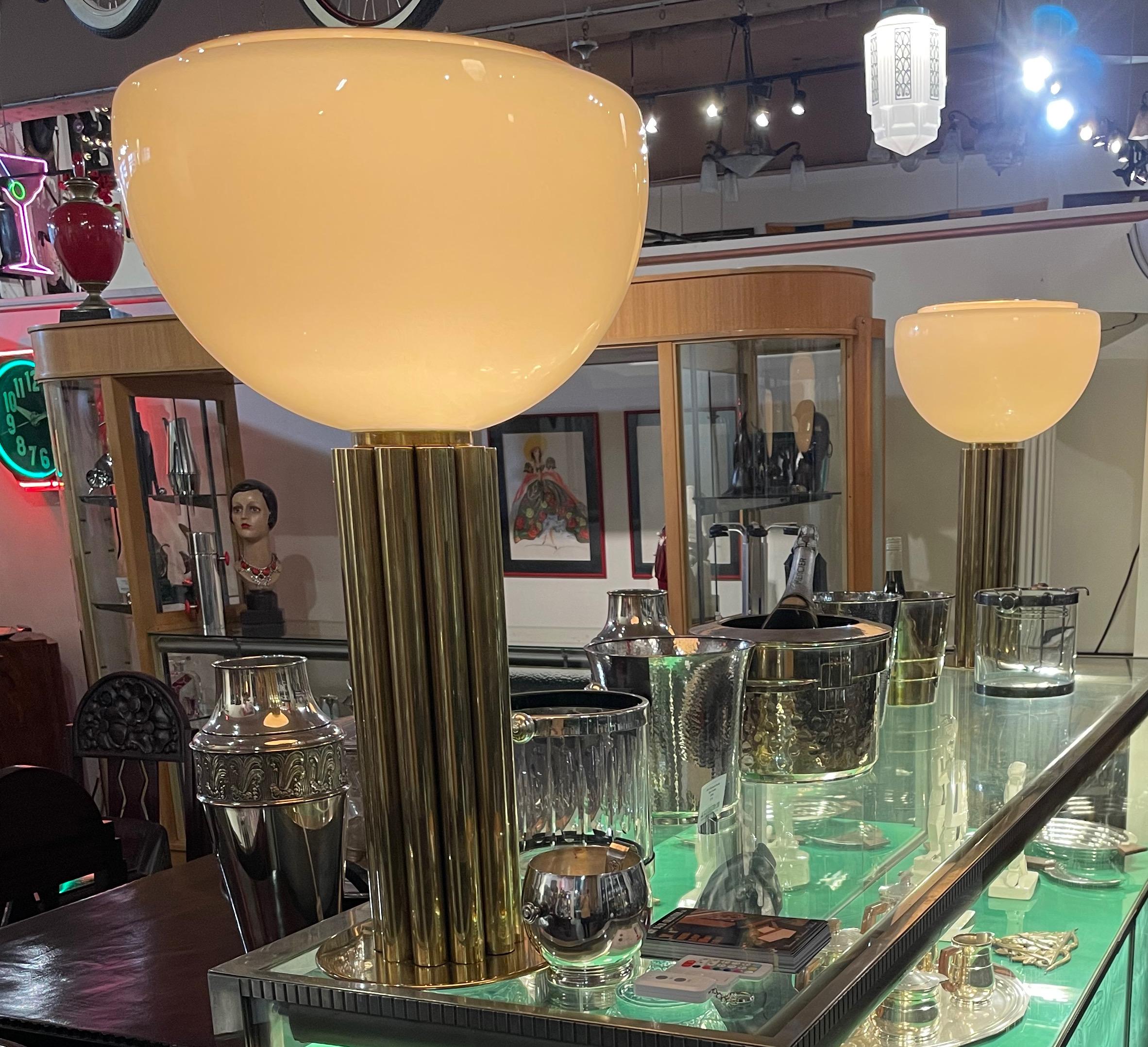 Mid-Century Modern Custom Pair of Brass and Glass Table Torchiere Lamps