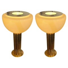 Coppia di lampade torchiere da tavolo personalizzate in ottone e vetro