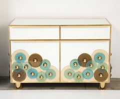Custom Pair of Brass and Ivory Murano Glass with Glass Discs Cabinets, Italy