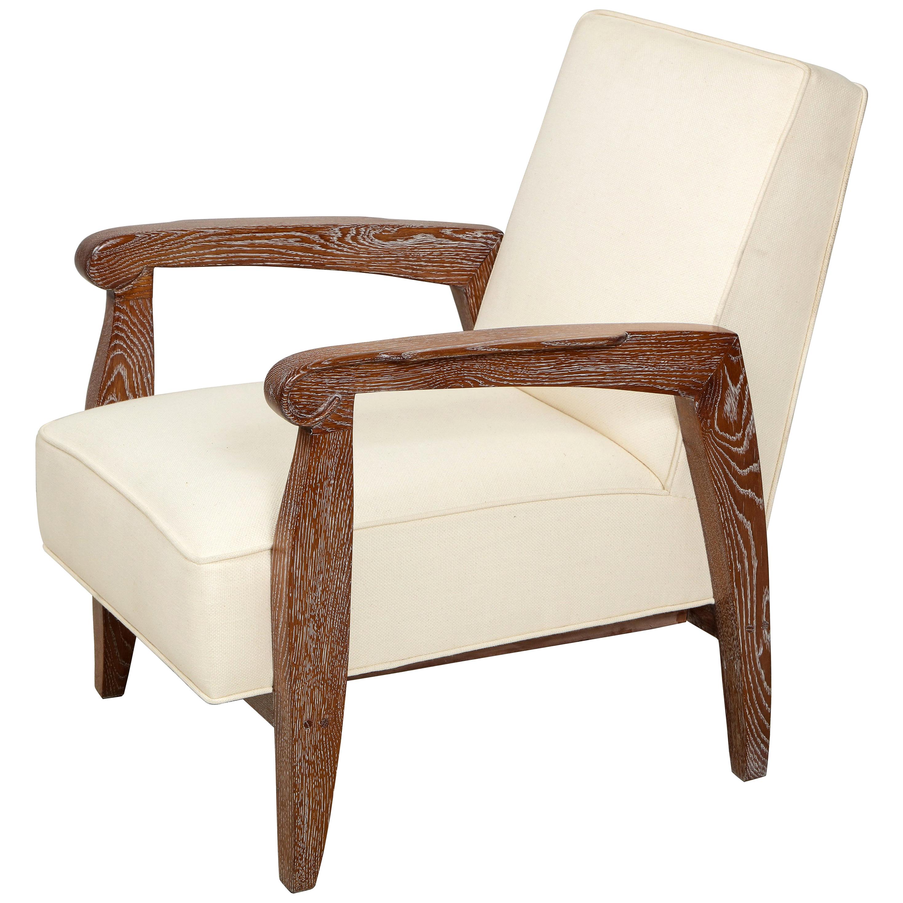 Modern Custom Pair of Cerused Oak Lounge Chairs For Sale