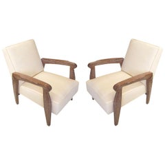 Custom Pair of Cerused Oak Lounge Chairs in the French 1940s Manner