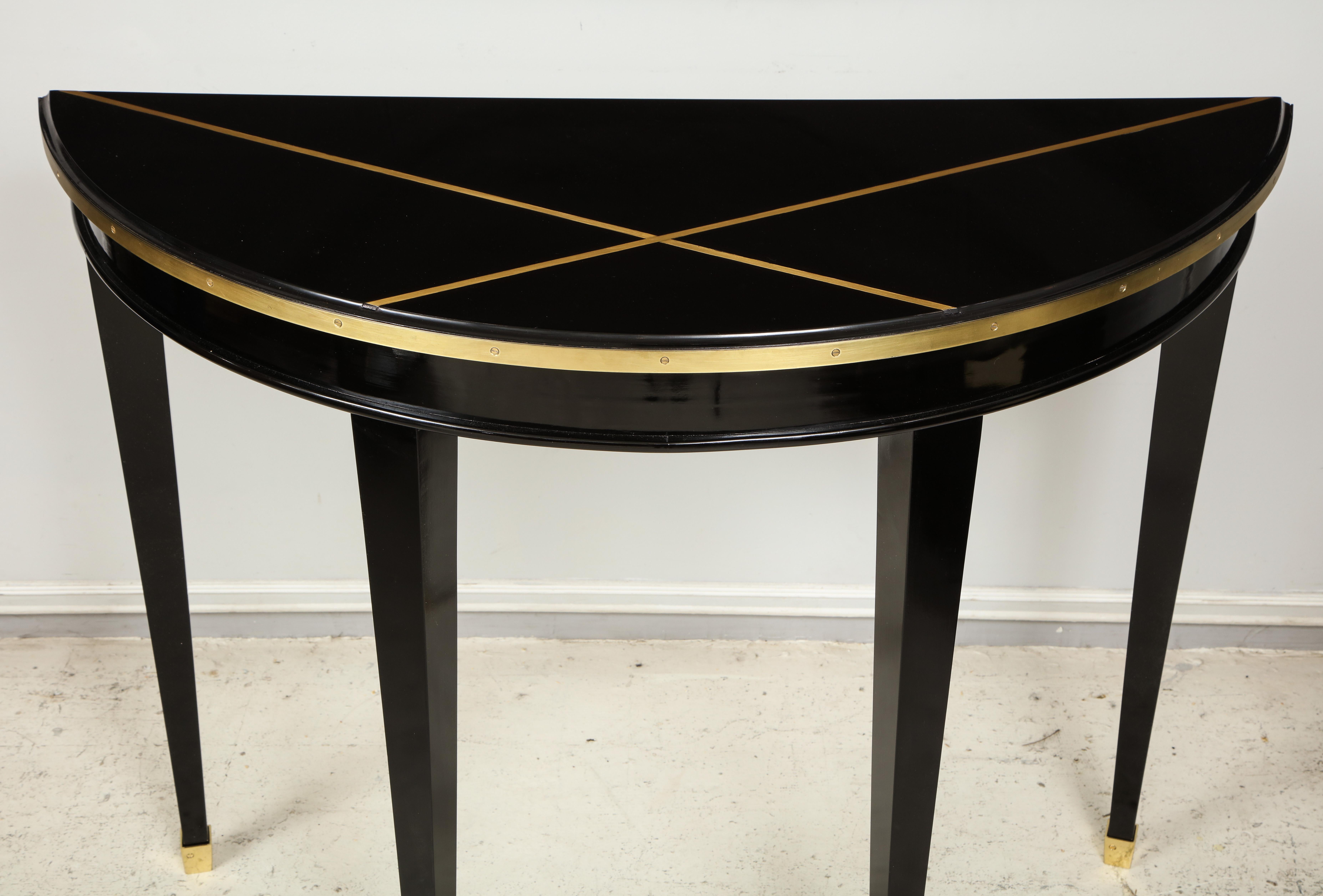Custom Pair of Ebonized Demilune Consoles with Inlaid Brass Top In New Condition For Sale In New York, NY