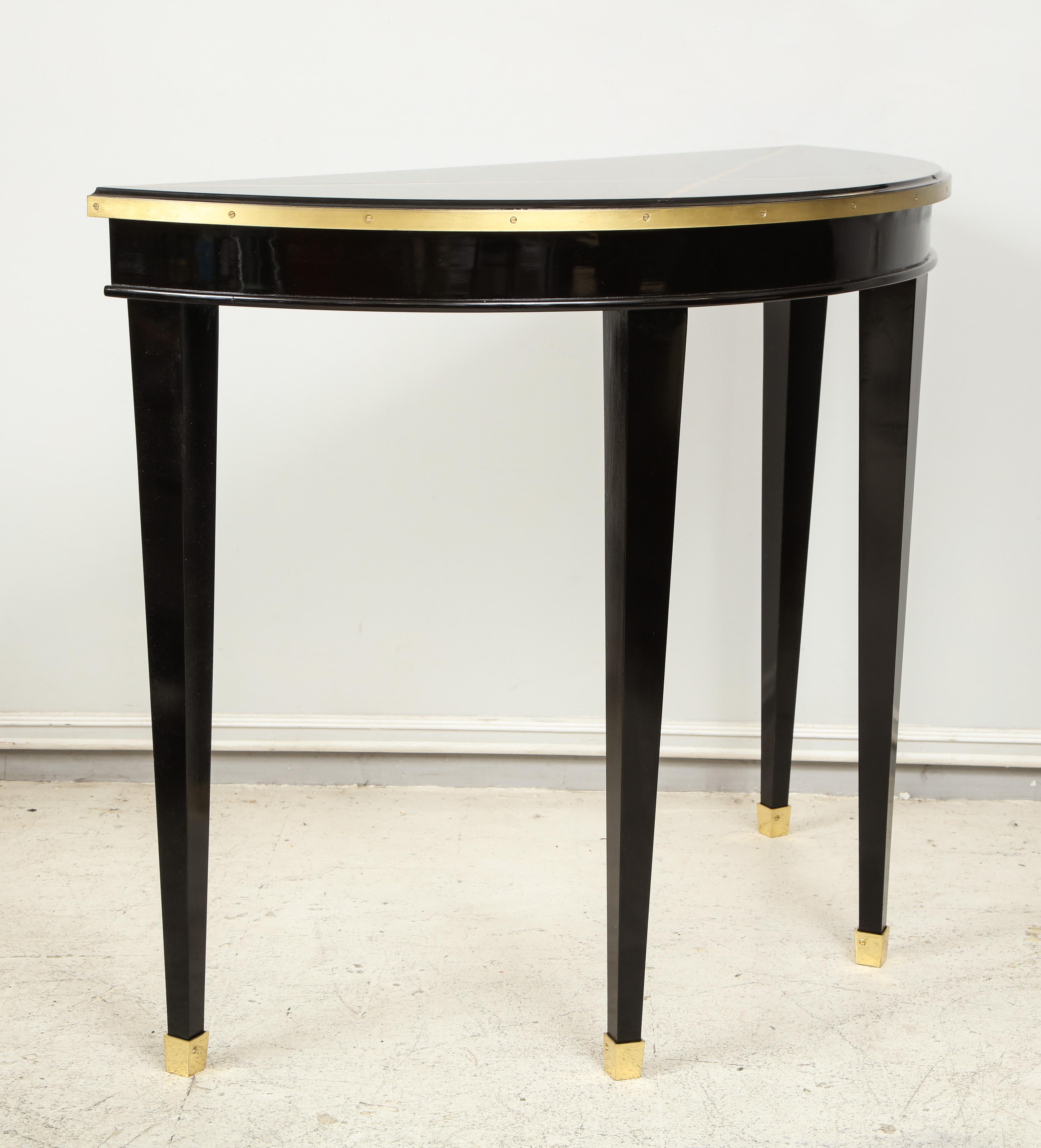 Custom Pair of Ebonized Demilune Consoles with Inlaid Brass Top For Sale 2