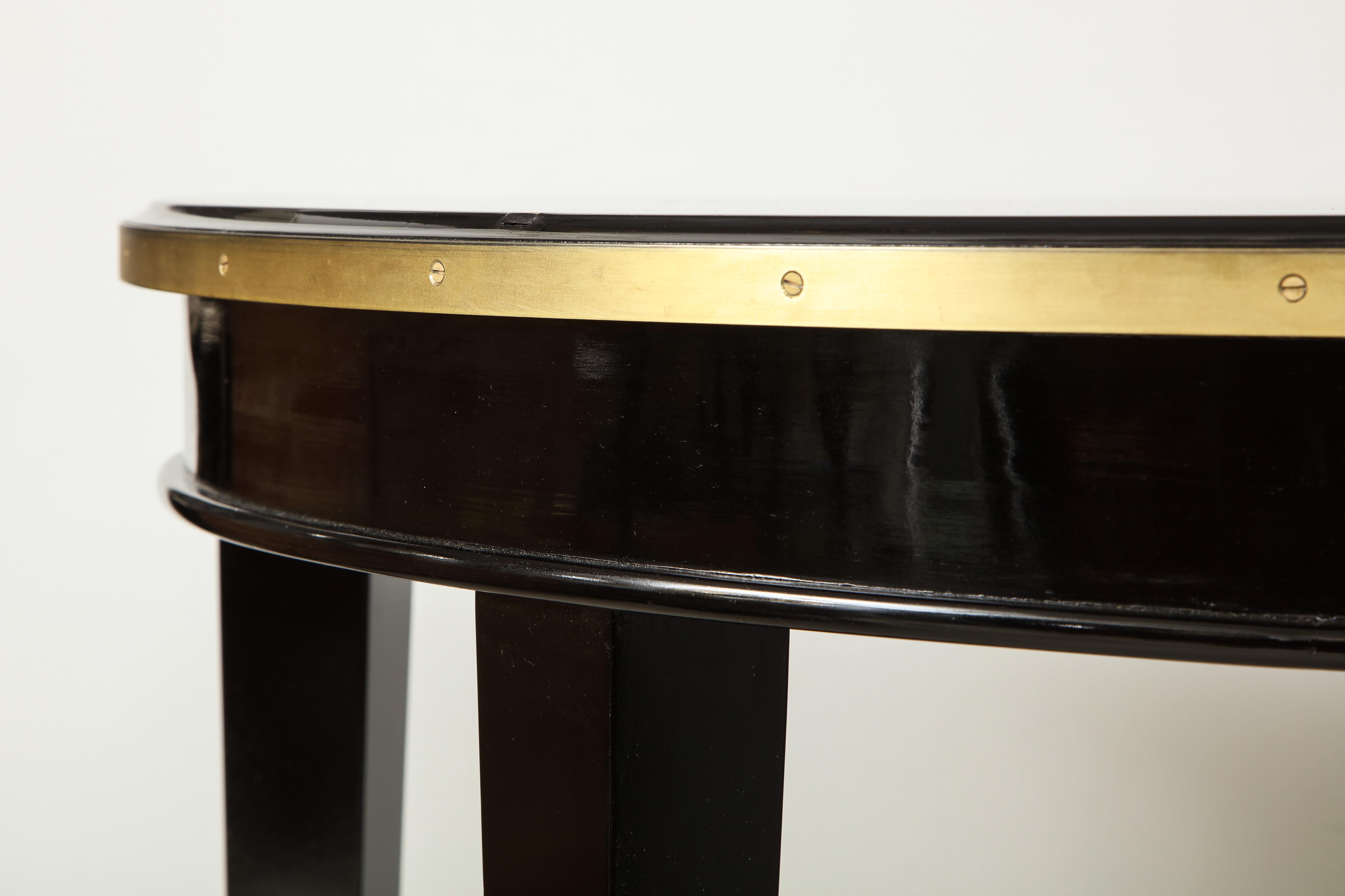 Custom Pair of Ebonized Demilune Consoles with Inlaid Brass Top For Sale 3