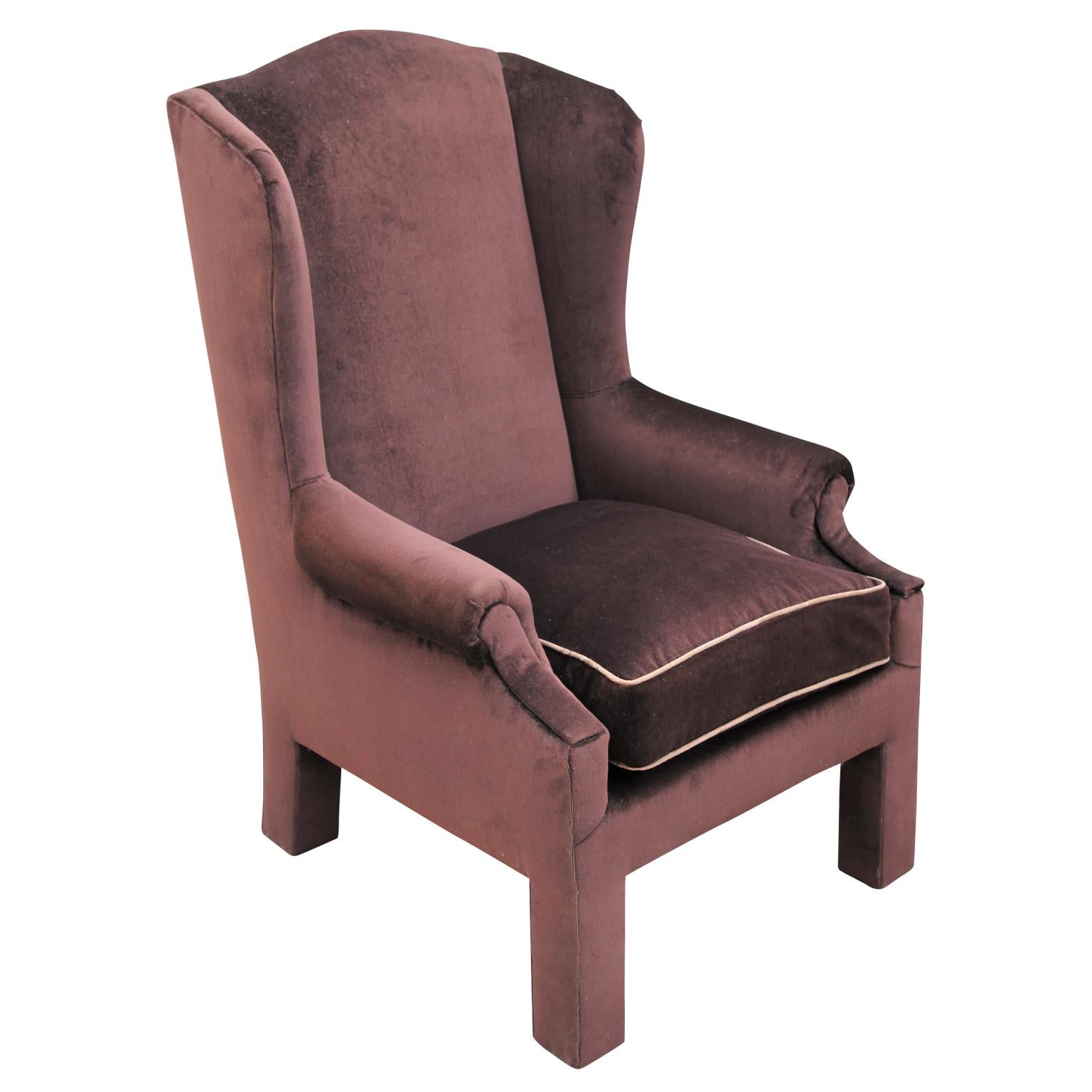 Mid-Century Modern Custom Pair of Elegant Brown Velvet Parson Style Wingback Lounge Chairs