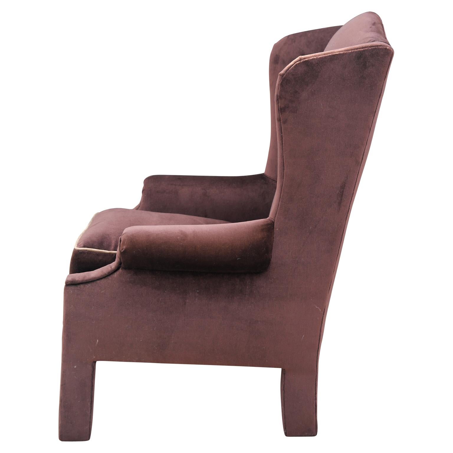American Custom Pair of Elegant Brown Velvet Parson Style Wingback Lounge Chairs
