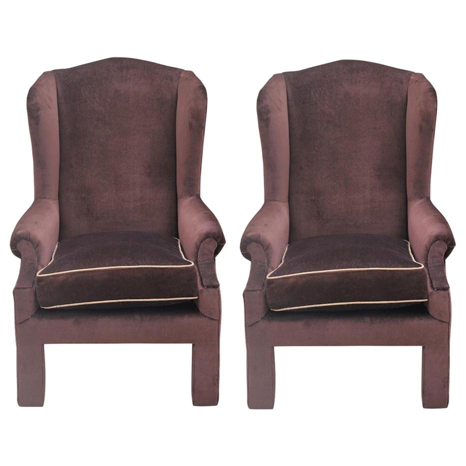 Custom Pair of Elegant Brown Velvet Parson Style Wingback Lounge Chairs