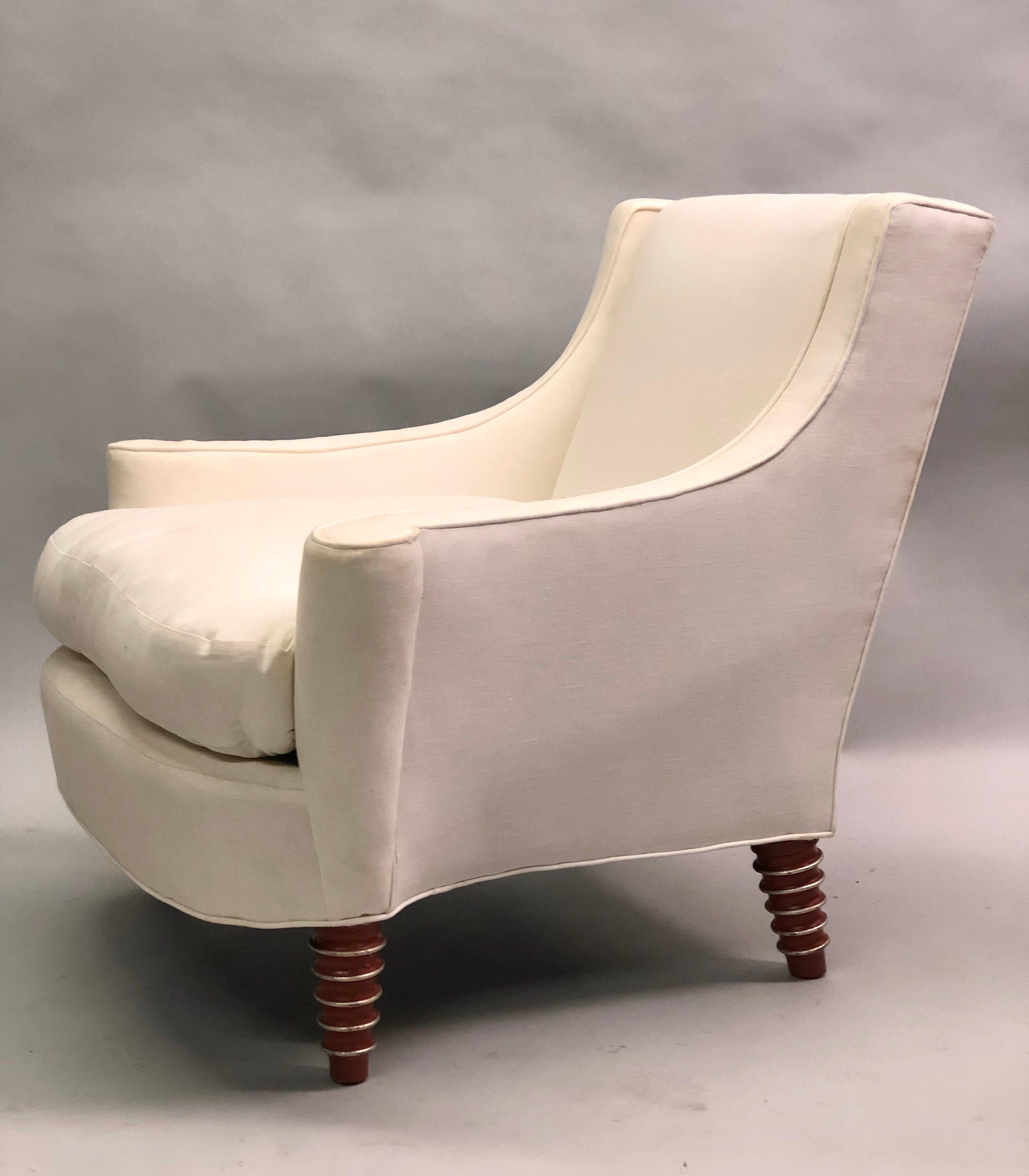 Hand-Carved Custom Pair of French Modern Neoclassical Lounge Chairs by Maison Jansen