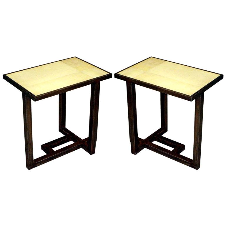 Custom Pair of French Parchment Covered Side / End Tables after Paul Dupré-Lafon