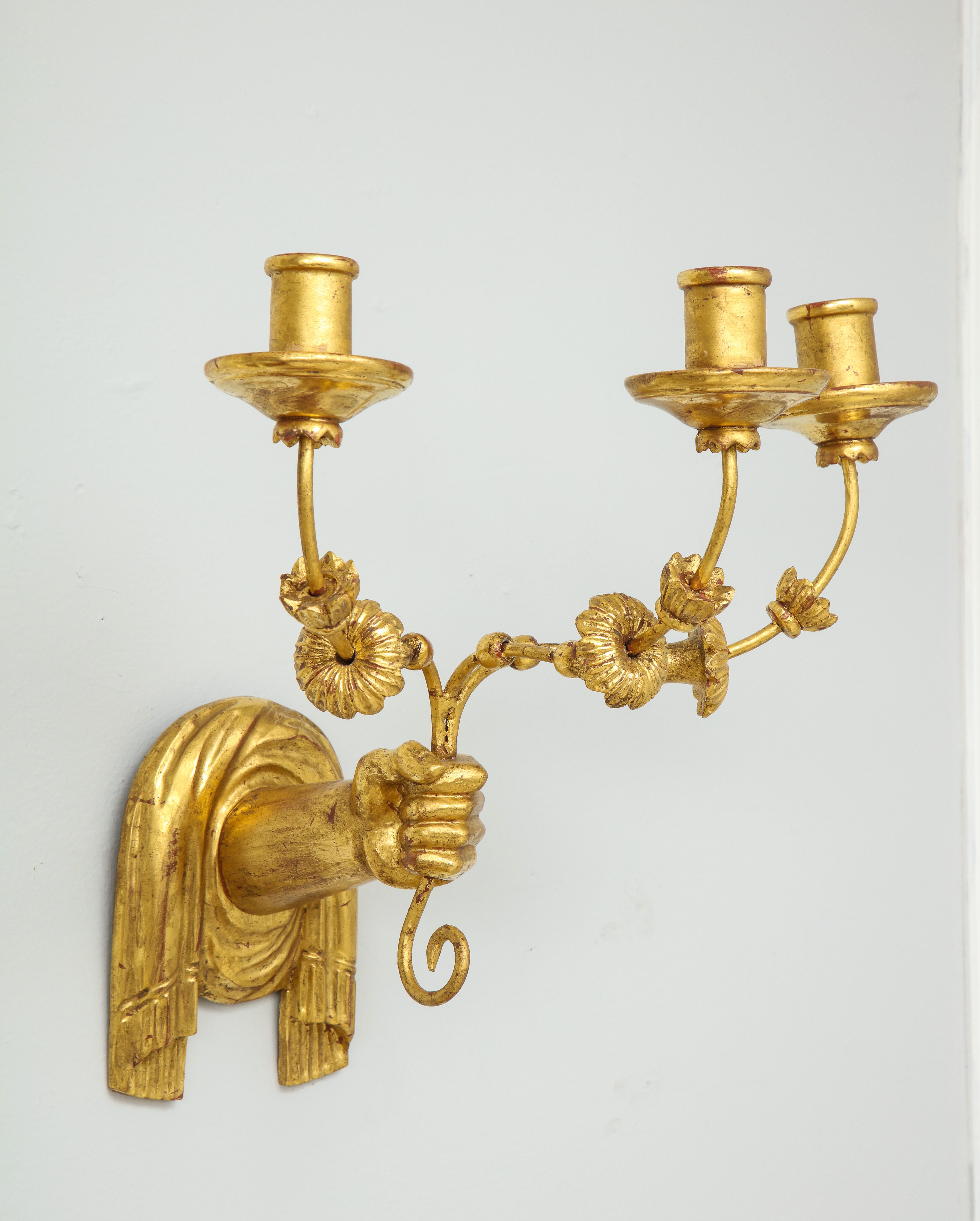 Custom pair of giltwood hand carved sconces. Sconces are gilded using the highest quality gold leaf. They may also be sold individually. 
Lead Time for custom made is 8-10 weeks.
