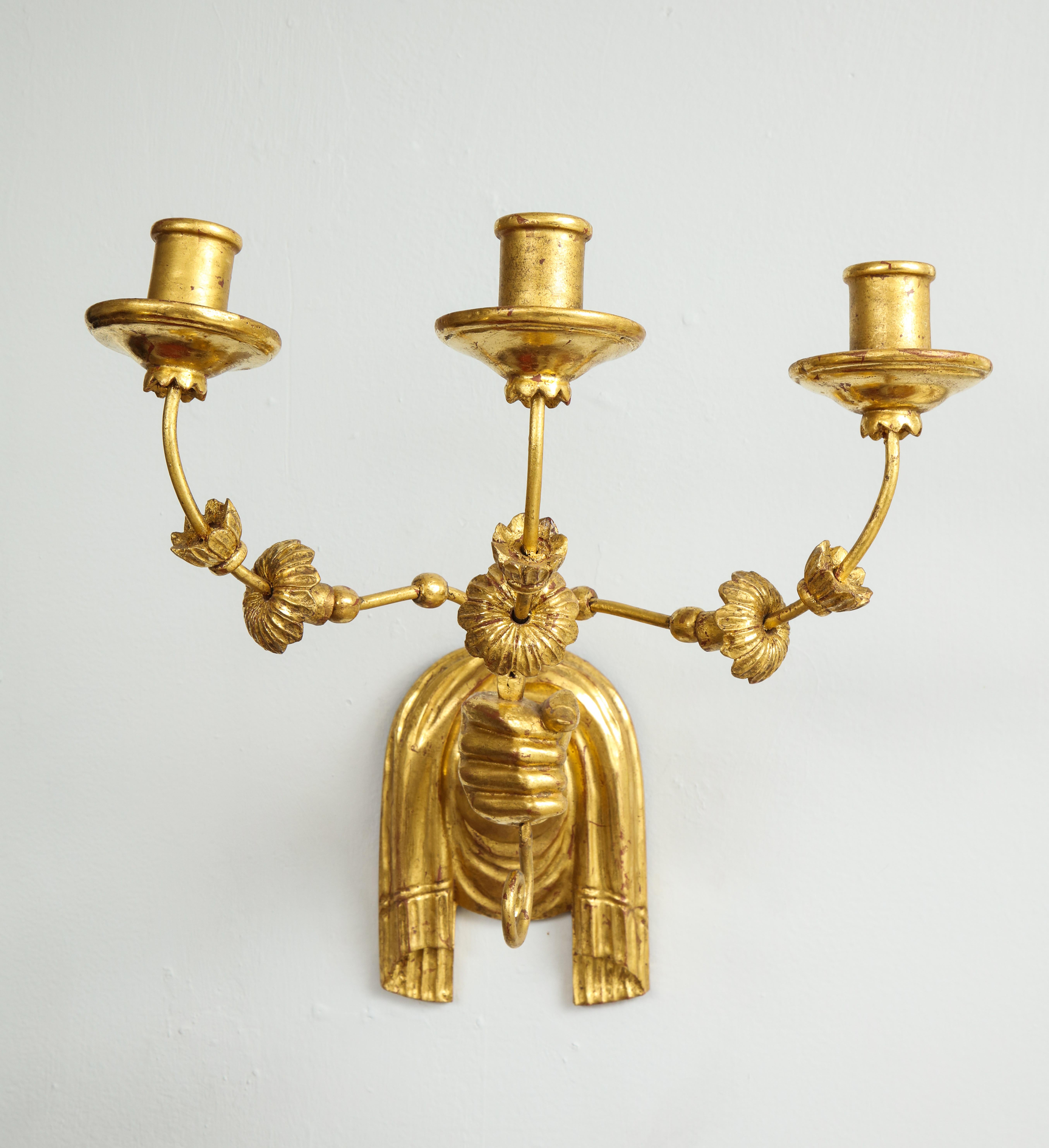 American Custom Pair of Giltwood Hand Carved Sconces For Sale