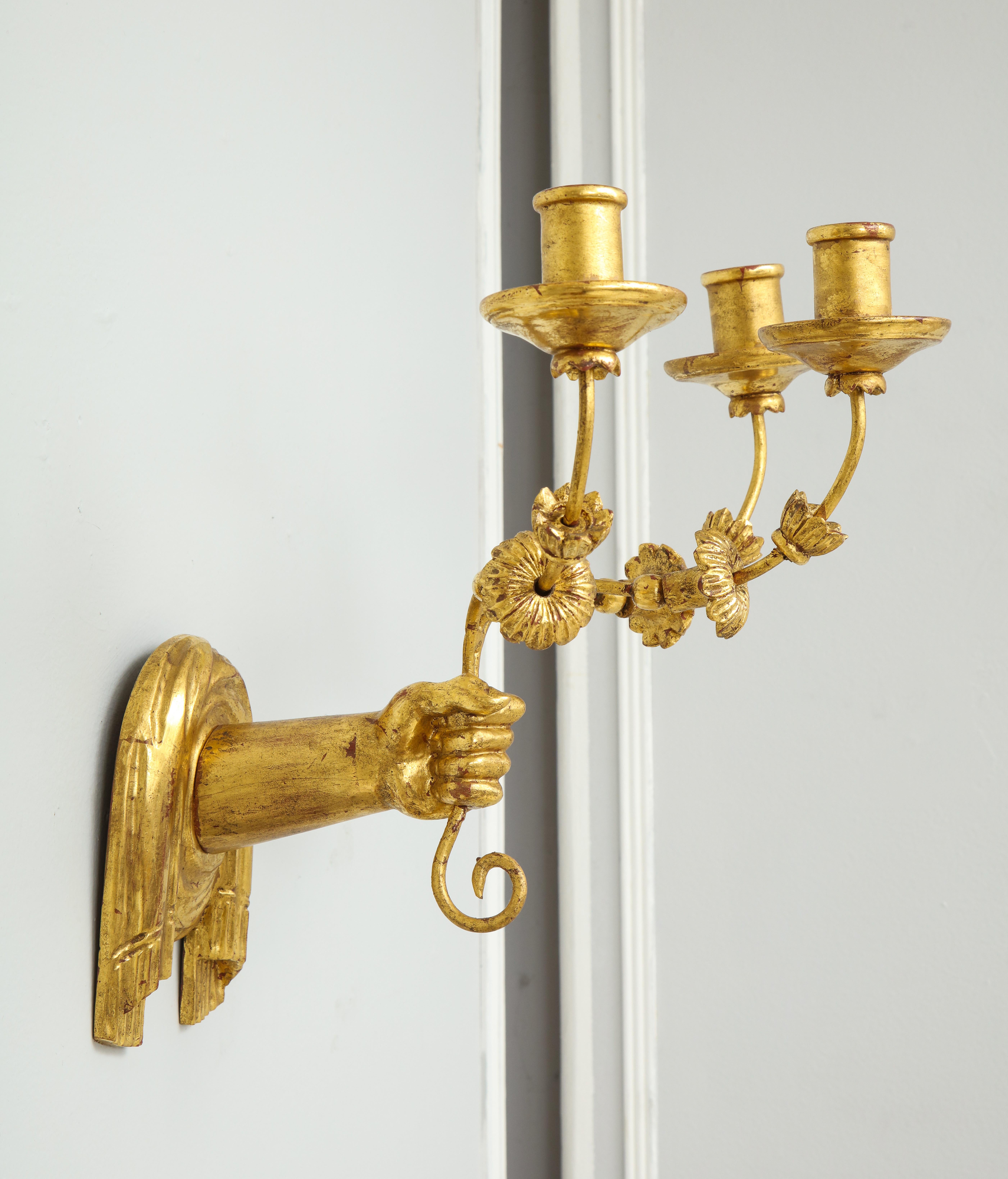 Contemporary Custom Pair of Giltwood Hand Carved Sconces For Sale