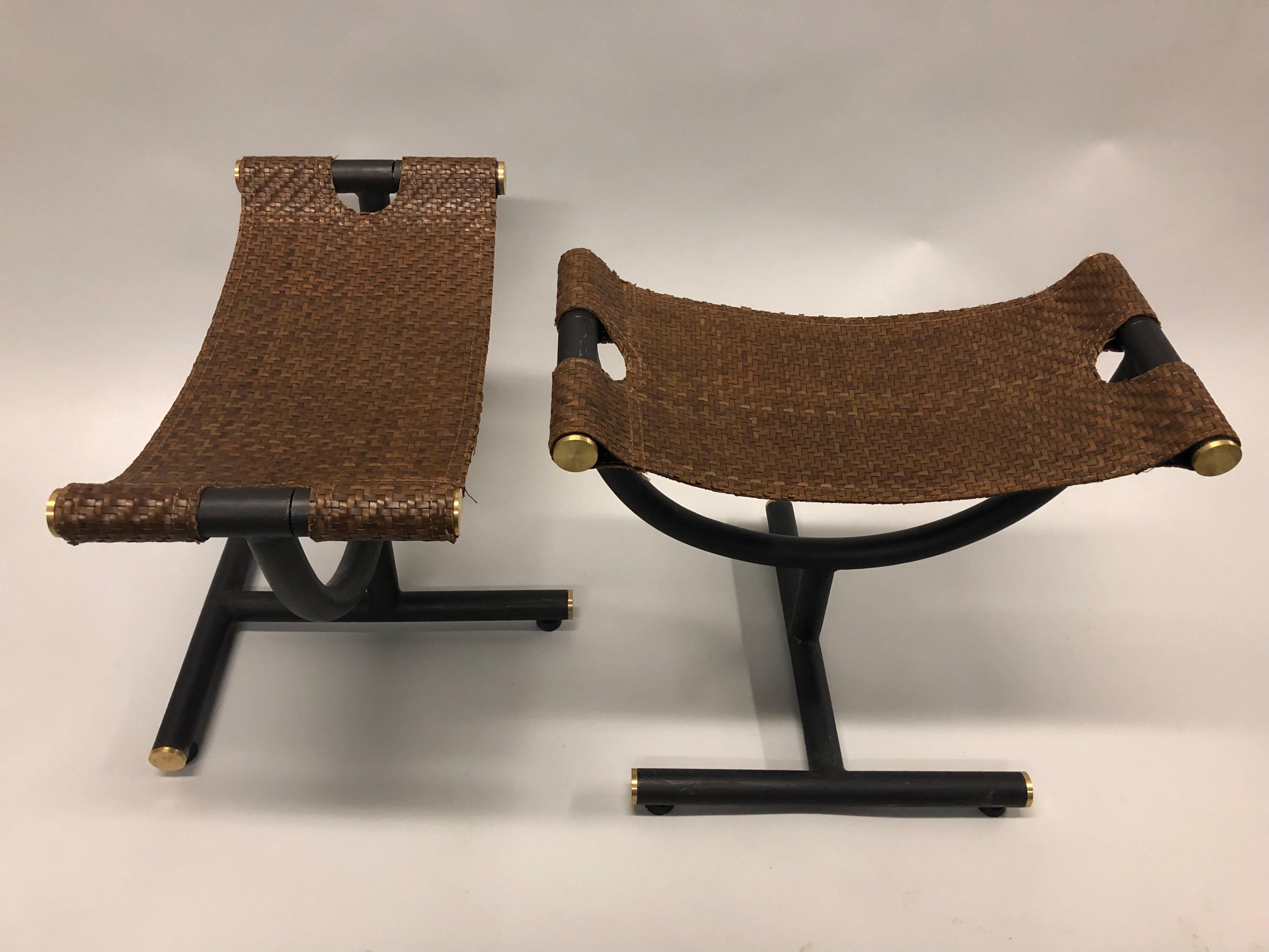 Mid-Century Modern Custom Pair of Italian Iron, Brass & Braided Leather Stools / Benches for Gucci For Sale