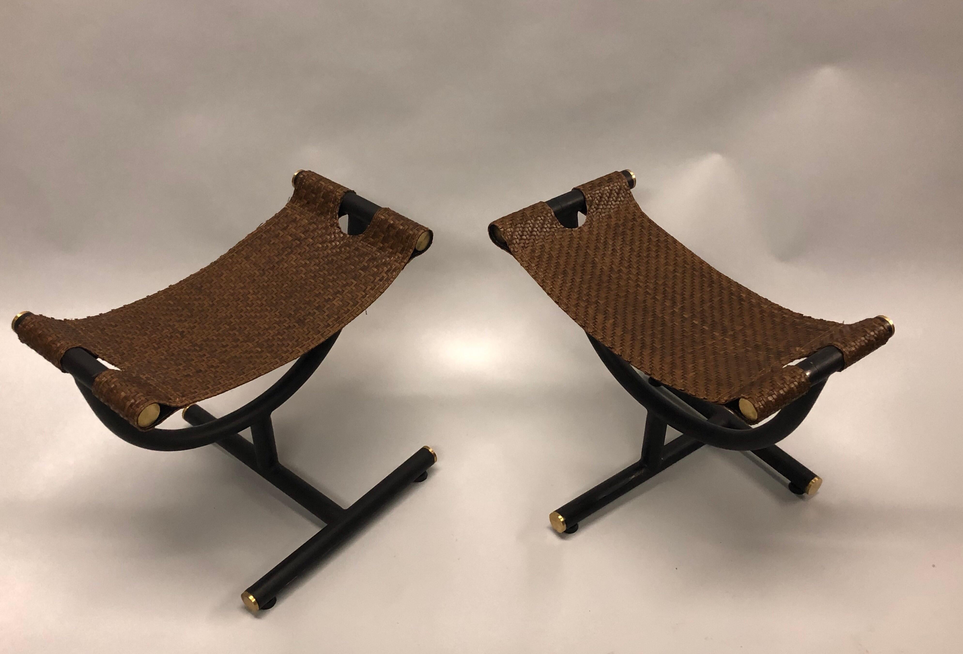 Custom Pair of Italian Iron, Brass & Braided Leather Stools / Benches for Gucci In Good Condition For Sale In New York, NY