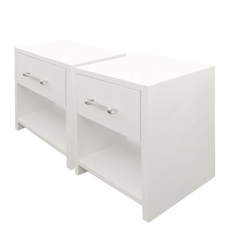 Custom pair of Lacquered nightstands with chrome & lucite handles.