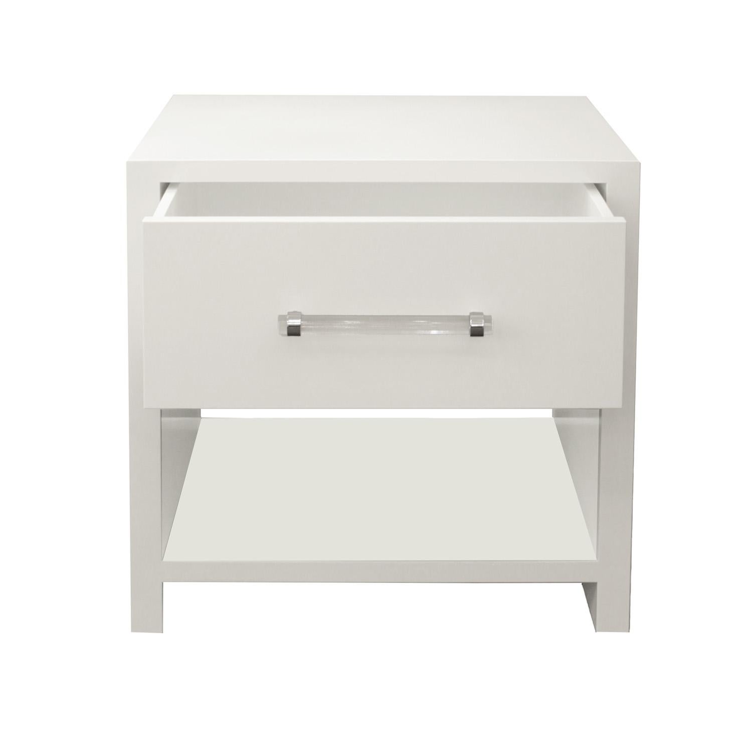 Modern Custom Pair of Lacquered Nightstands with Chrome & Lucite Handles For Sale