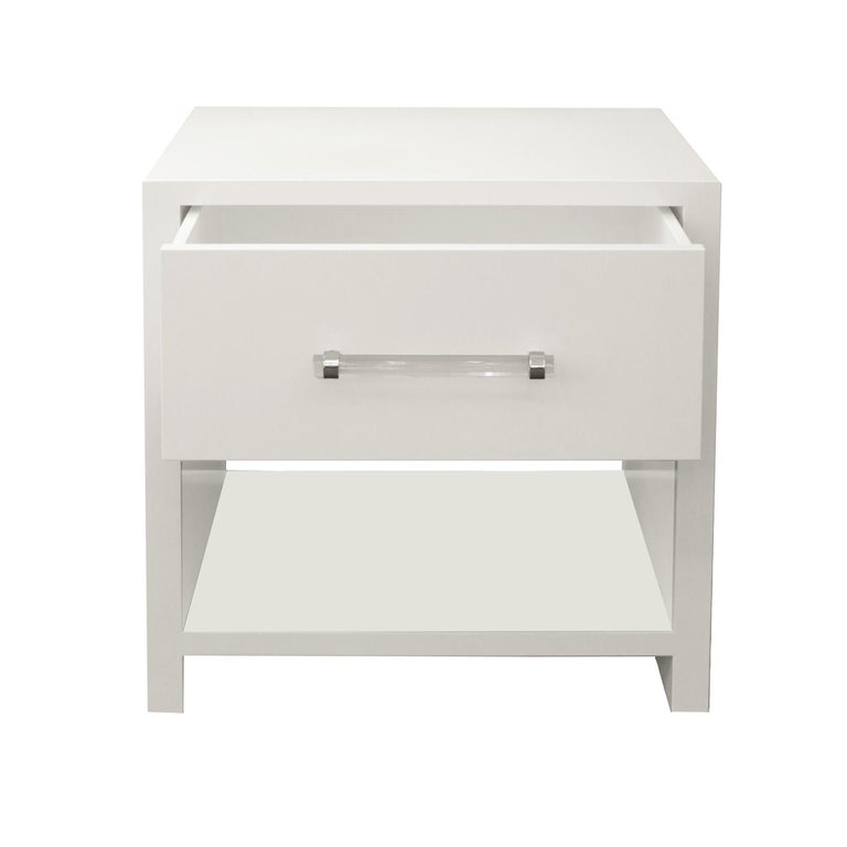 Modern Custom Pair of Lacquered Nightstands with Chrome & Lucite Handles For Sale