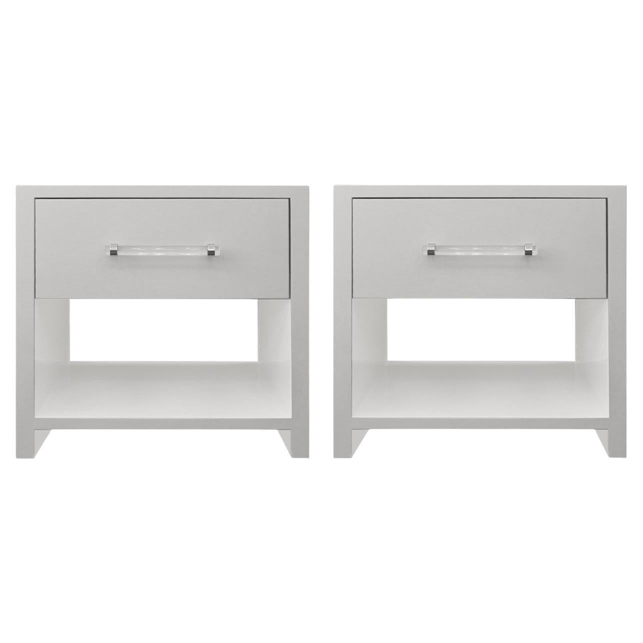 Custom Pair of Lacquered Nightstands with Chrome & Lucite Handles