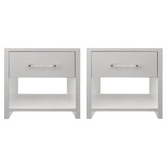 Custom Pair of Lacquered Nightstands with Chrome & Lucite Handles