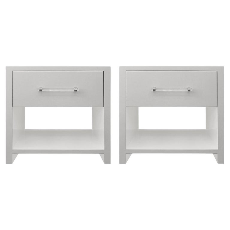 Custom Pair of Lacquered Nightstands with Chrome & Lucite Handles For Sale