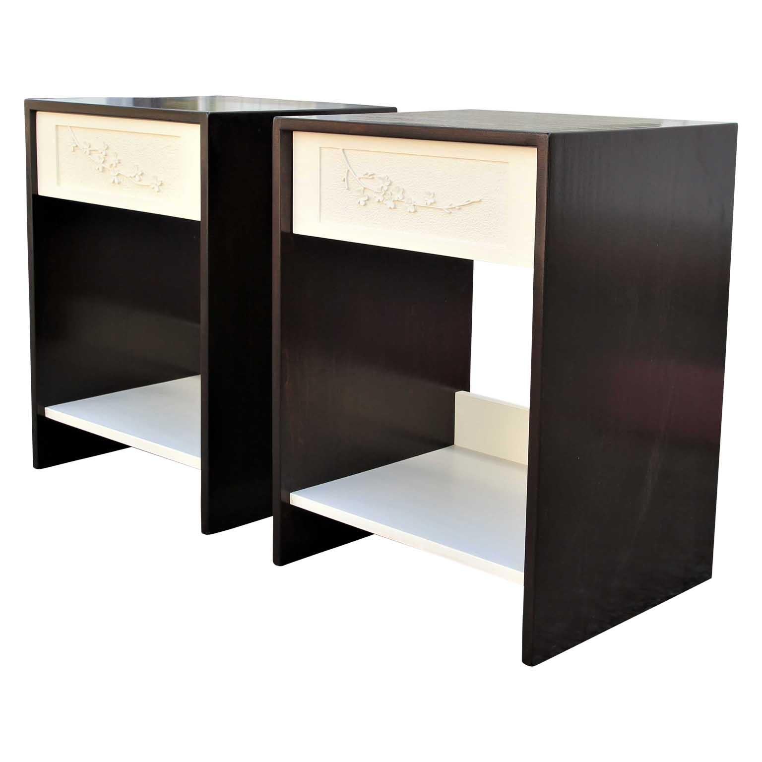 Custom stunning pair poplar nightstands / side table made by Norm Stoeker.

The outer cabinet is joined with real dovetails, while the front drawer is hand carved. One of the drawers is carved with an image of a dogwood branch, while the other has a