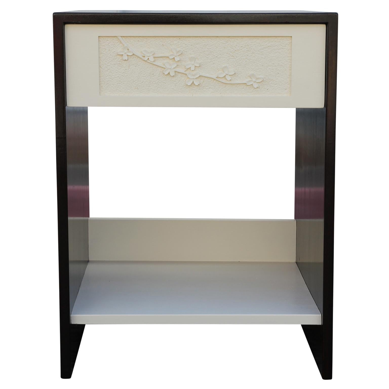 Mid-Century Modern Custom Pair of Leaf Carved Poplar Nightstands / Side Tables by Norm Stoeker