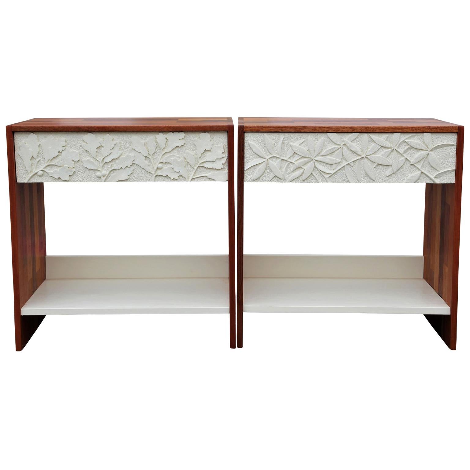 Custom Pair of Leaf Carved Mahogany Nightstands / Side Tables by Norm