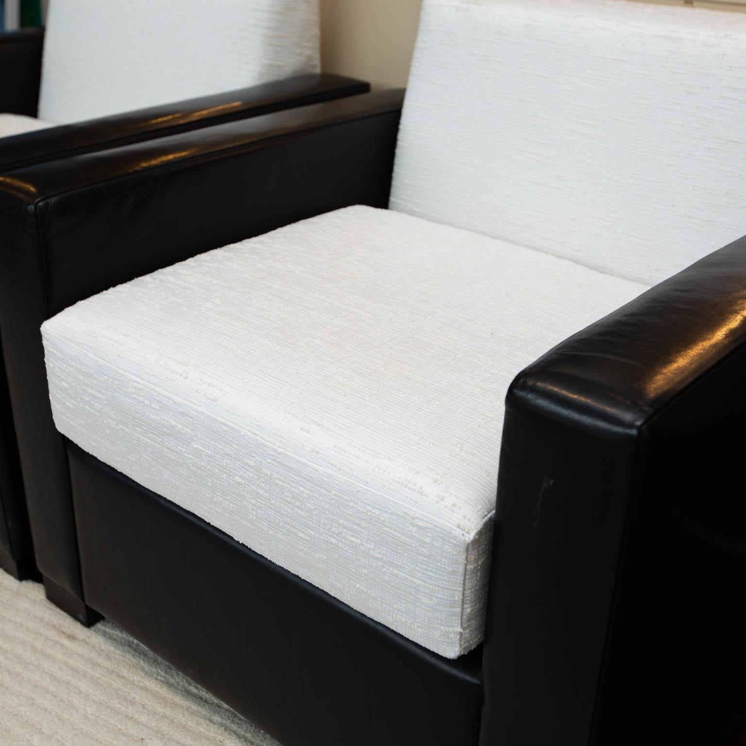 Modern Custom Pair of Leather and Raw Silk Tuxedo Club Chairs For Sale