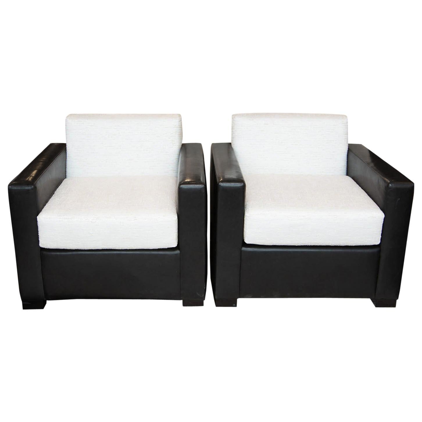 Custom Pair of Leather and Raw Silk Tuxedo Club Chairs For Sale