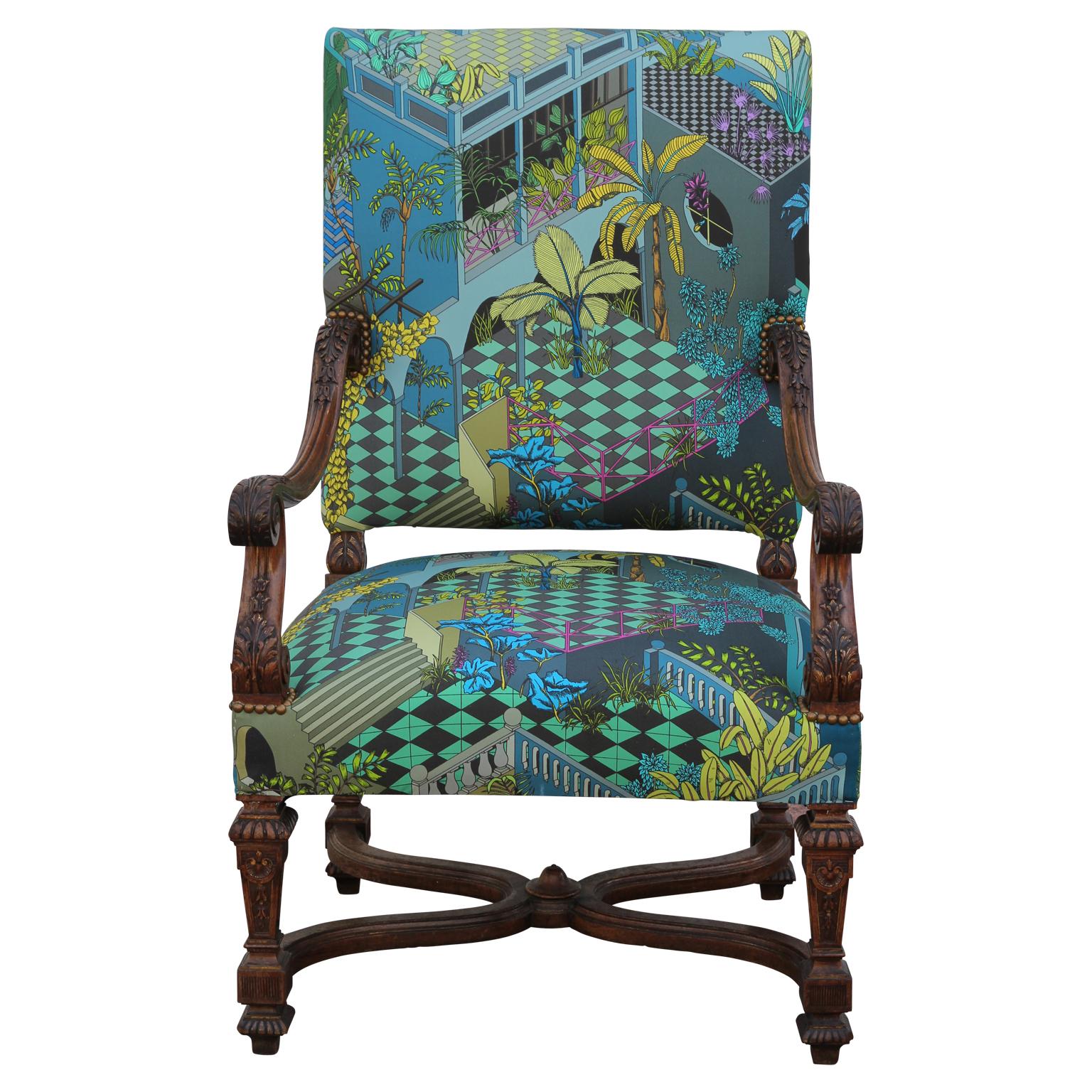Beautiful pair of Louis the XV style French armchairs with custom upholstery featuring a tropical geometric pattern by Cole & Sons. The deco design of Miami, with its leafy palms and colonnades, creates a conversational element to any interior. The