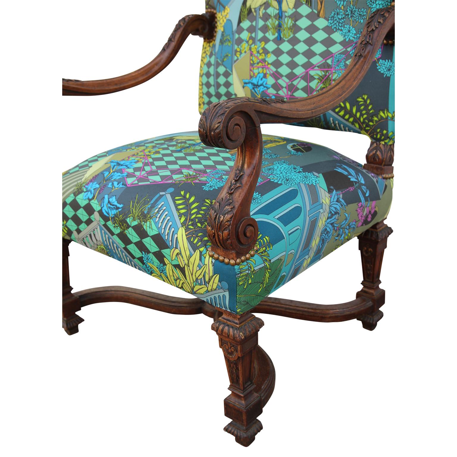 Custom Pair of Louis XVI French Armchairs in Tropical Geometric Miami Upholstery In Excellent Condition In Houston, TX