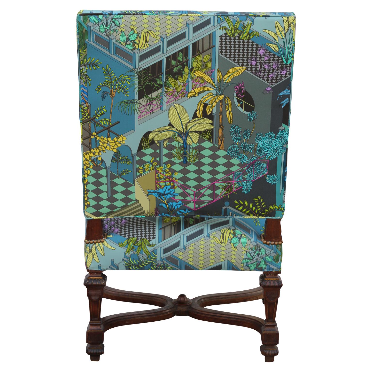 Fabric Custom Pair of Louis XVI French Armchairs in Tropical Geometric Miami Upholstery