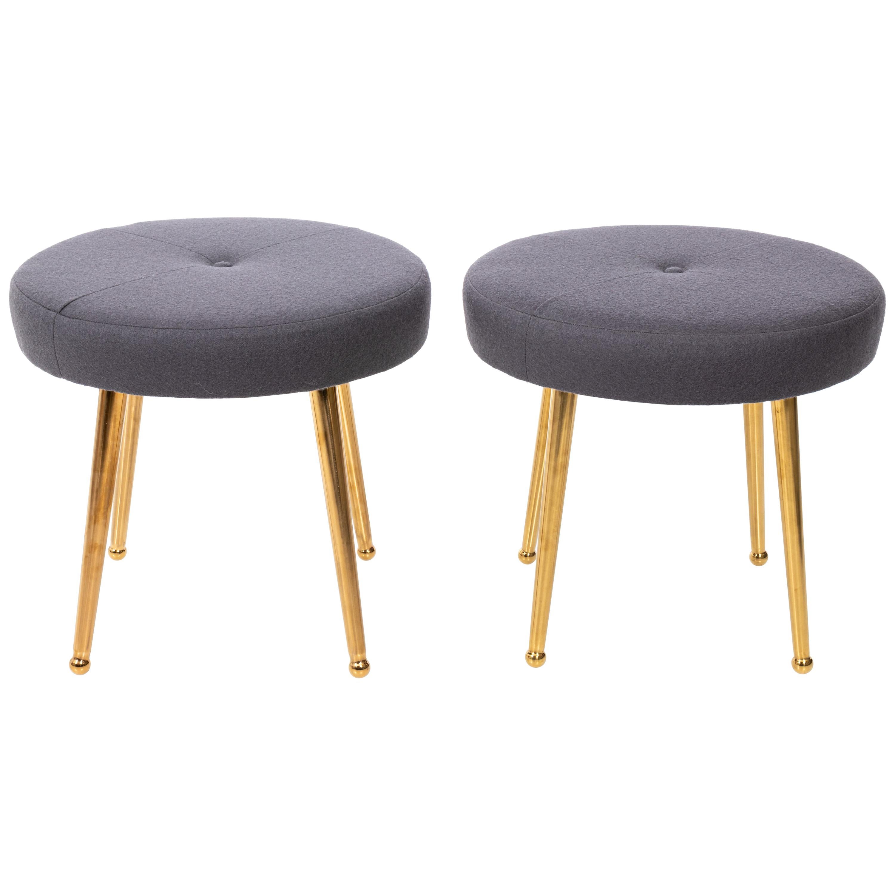 Custom Pair of Midcentury Style Round Stools with Brass Legs For Sale