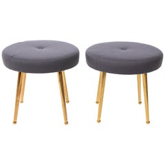 Custom Pair of Midcentury Style Round Stools with Brass Legs