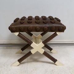 Custom Pair of Oak and Parchment X-Frame Benches upholstered in Leather