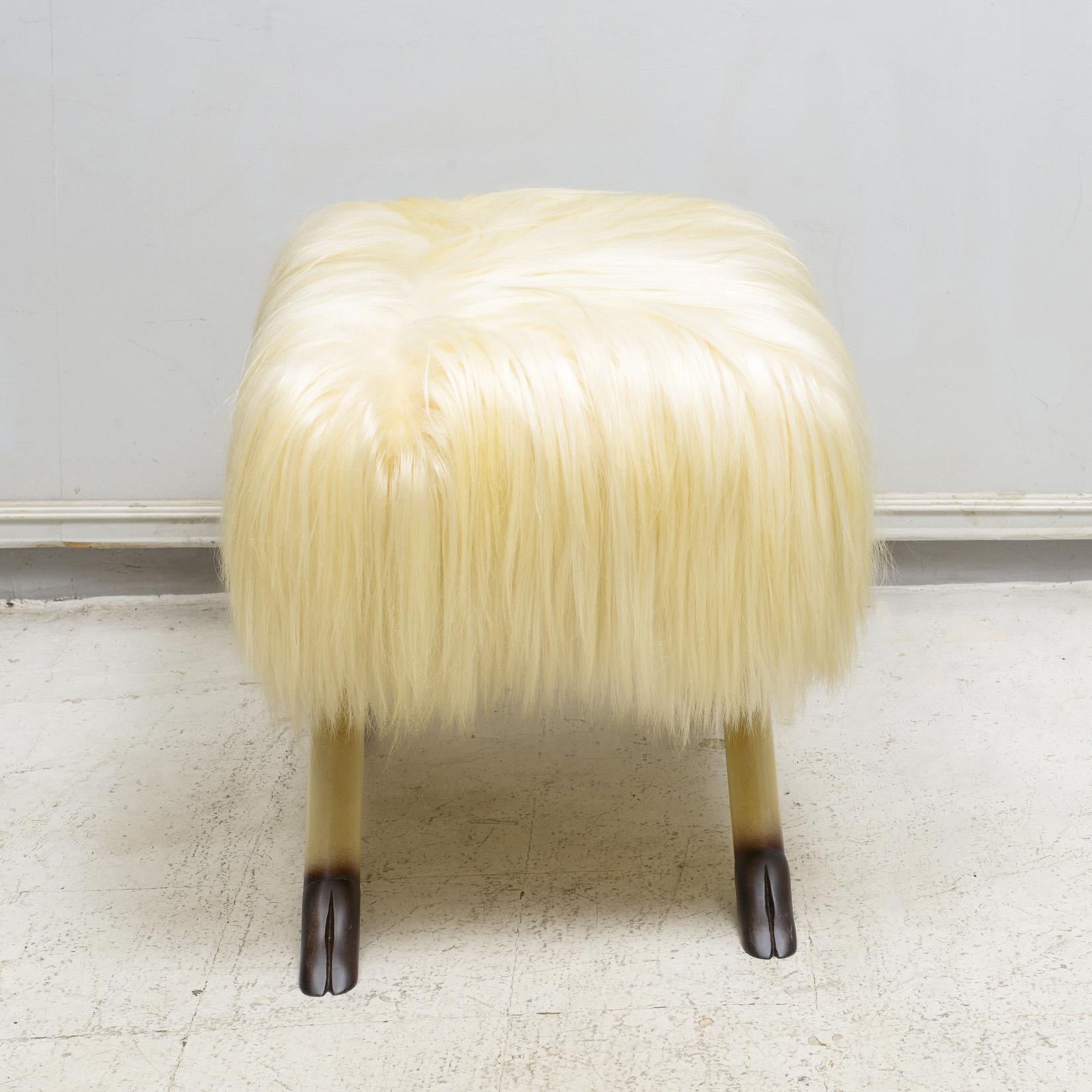 American Custom Llama Covered Oak and Parchment X-Frame Bench For Sale