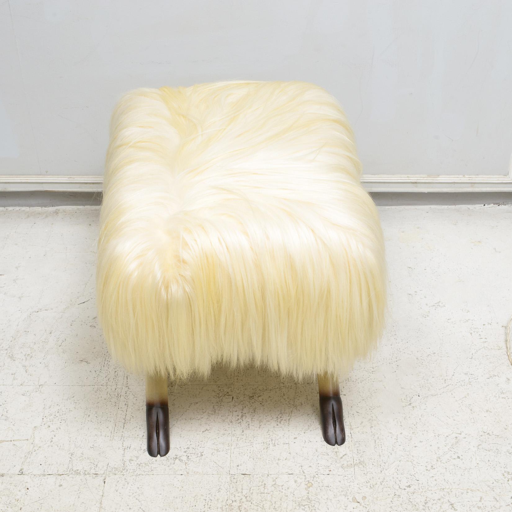 Custom Llama Covered Oak and Parchment X-Frame Bench In New Condition For Sale In New York, NY