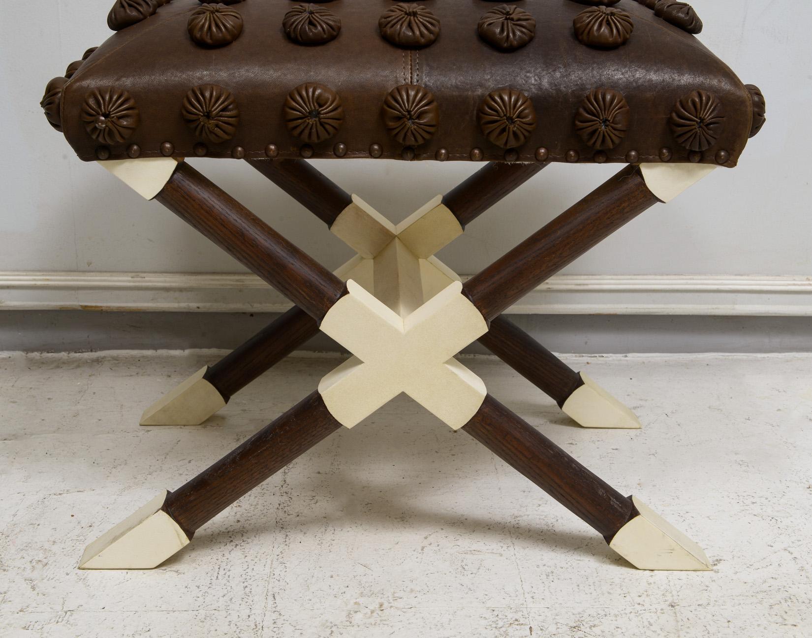 Custom Pair of Oak and Parchment X-Frame Benches upholstered in Leather In New Condition For Sale In New York, NY