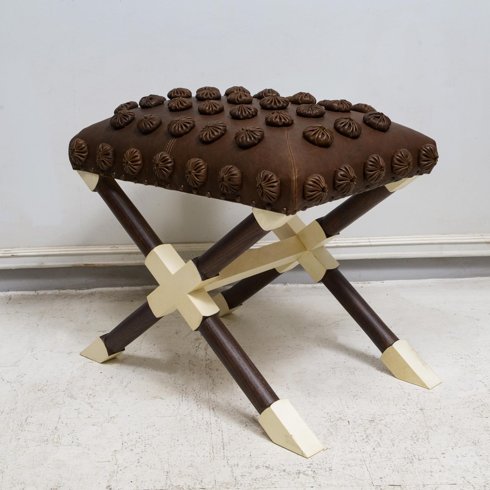 Contemporary Custom Pair of Oak and Parchment X-Frame Benches upholstered in Leather For Sale