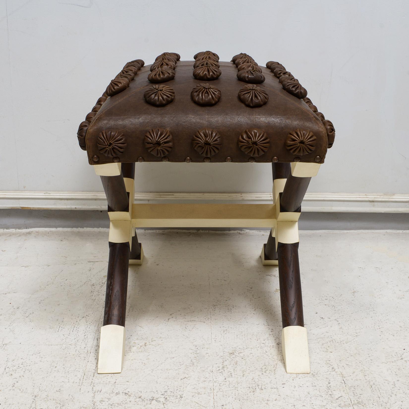 Custom Pair of Oak and Parchment X-Frame Benches upholstered in Leather For Sale 3