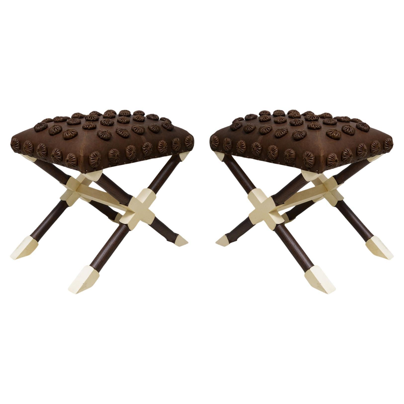 Custom Pair of Oak and Parchment X-Frame Benches upholstered in Leather