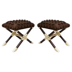 Custom Pair of Oak and Parchment X-Frame Benches upholstered in Leather