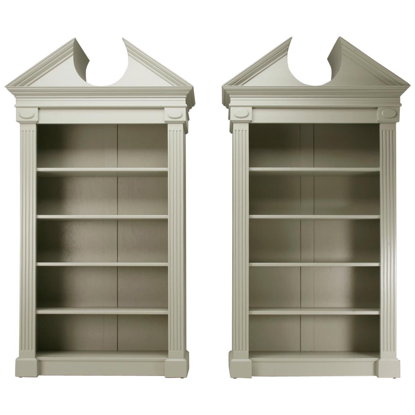 Custom Pair of Painted Bookcases with a Broken Pediment Handmade in Chicago