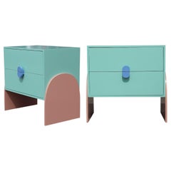 Custom Pair of Pastel Two-Drawer Memphis Style Postmodern Tables or Nightstands