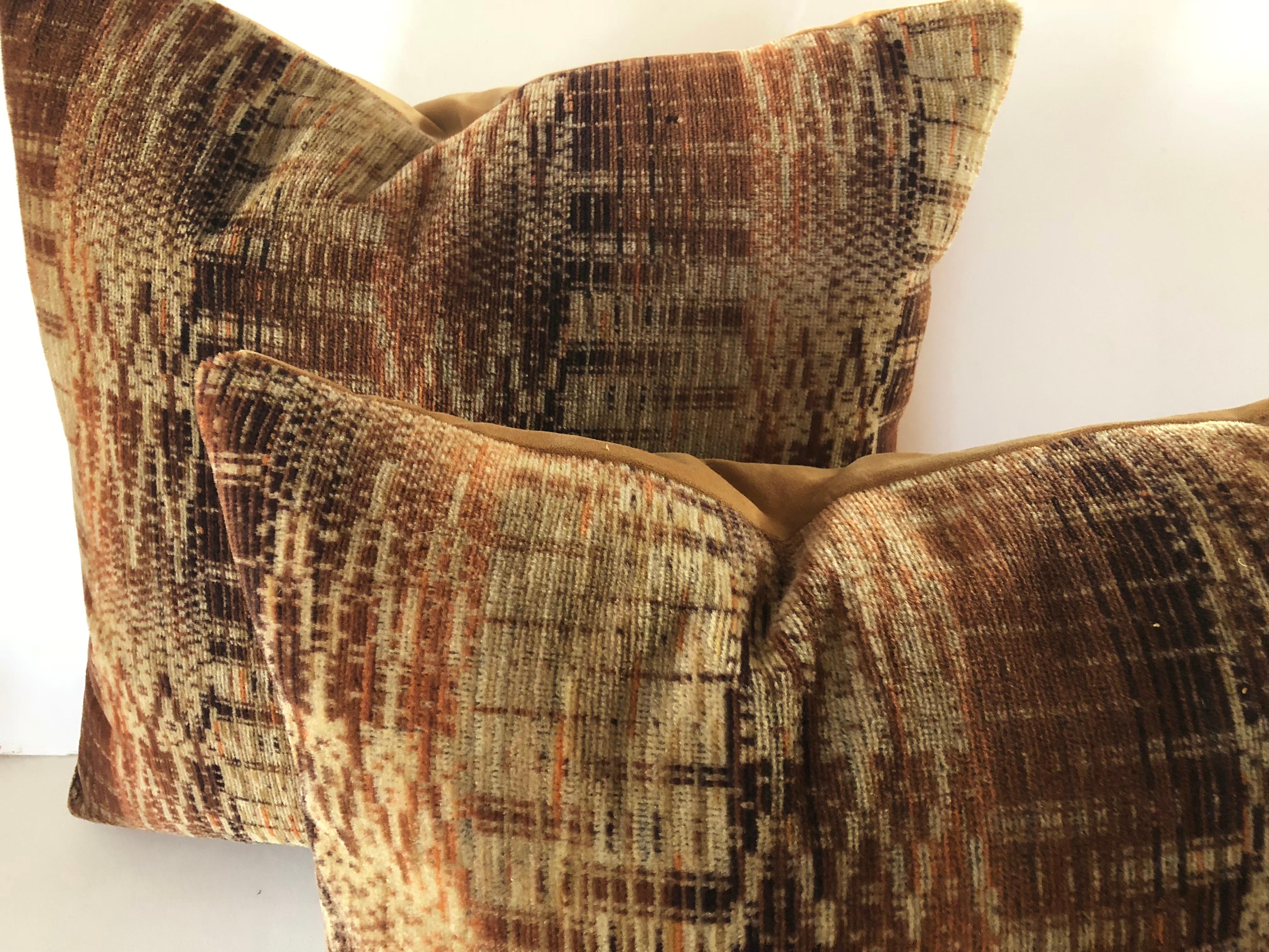 Custom pair of pillows cut from a vintage wool mohair Amsterdam School textile, circa 1915 - 1927 from the Netherlands.  Shades of toasty brown in a deco hand blocked zigzag plaid.  Pillows are  backed in brown velvet, filled with inserts of 50/50